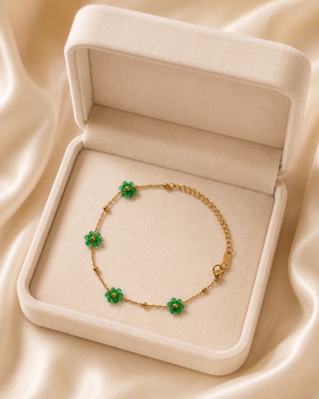 Green Beaded Flower Gold-Plated Bracelet