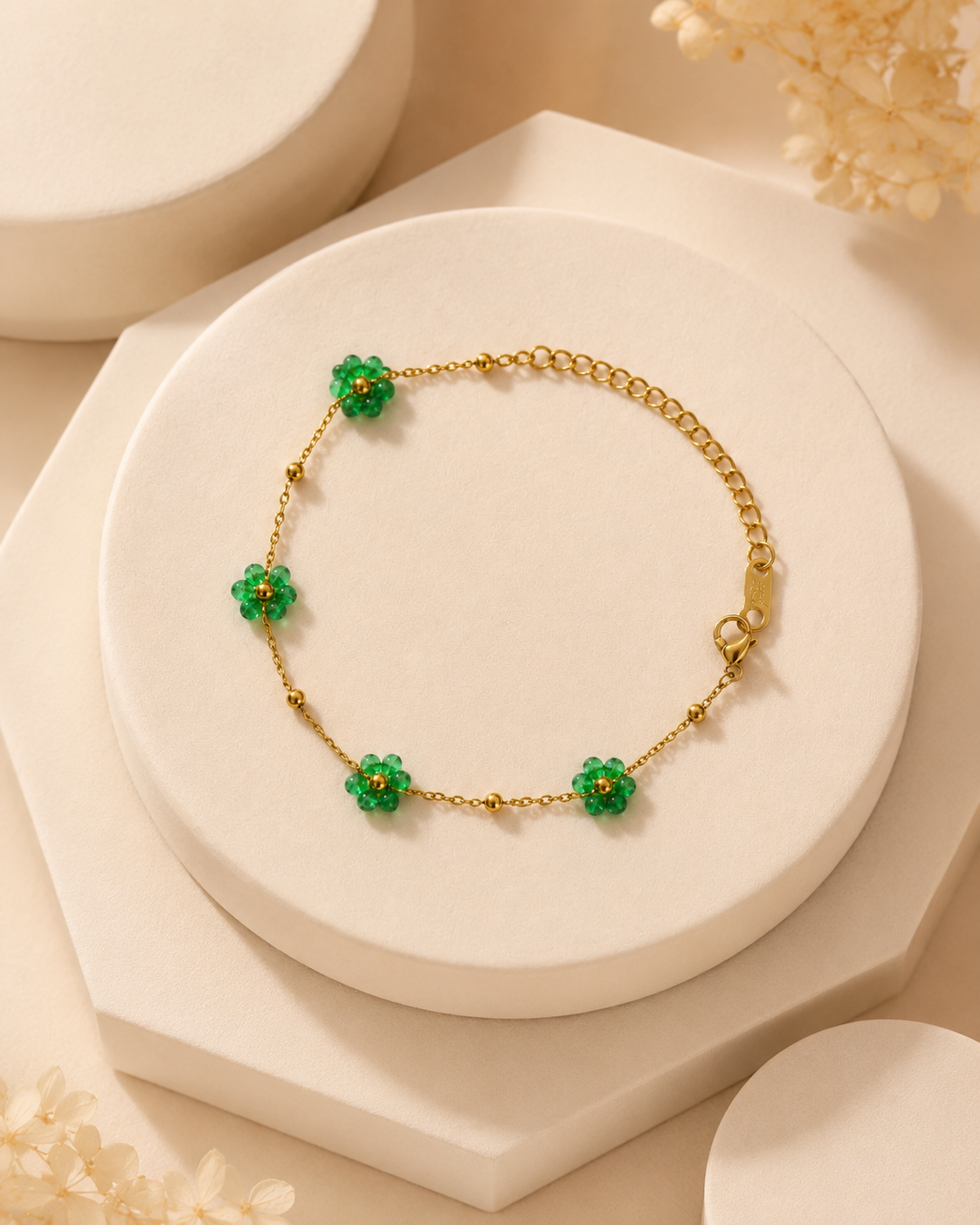 Green Beaded Flower Gold-Plated Bracelet