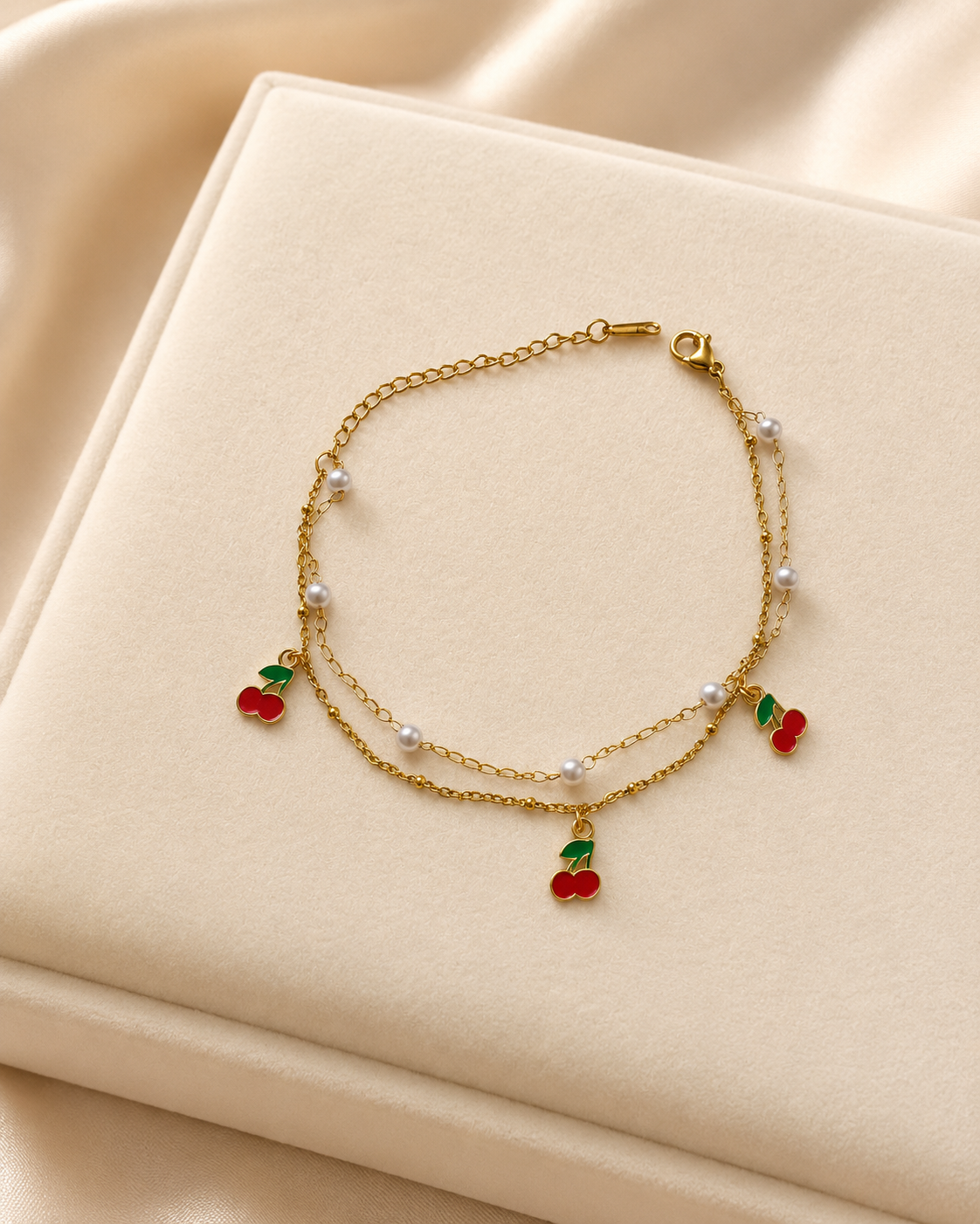 Cherry & Pearl Double-Layer Gold-Plated Bracelet