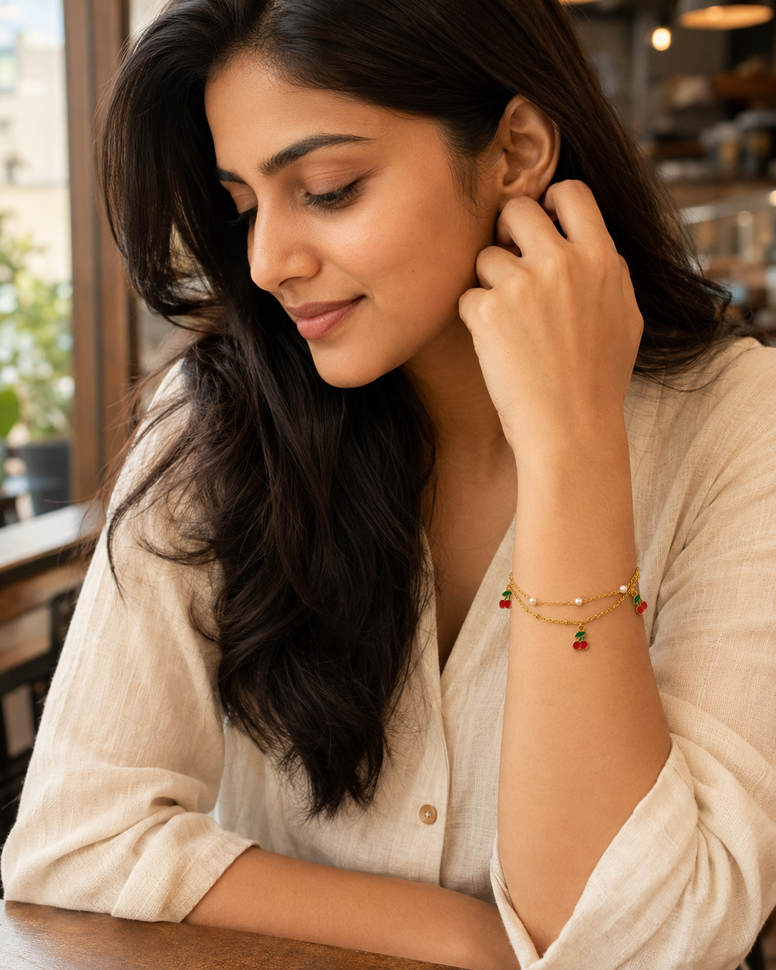 Cherry & Pearl Double-Layer Gold-Plated Bracelet