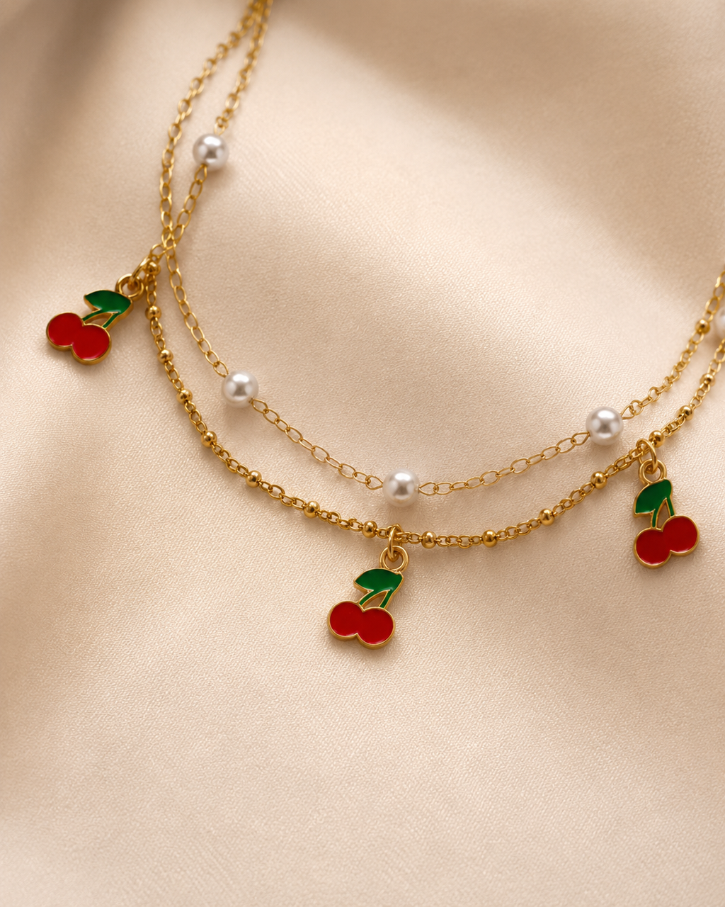Cherry & Pearl Double-Layer Gold-Plated Bracelet