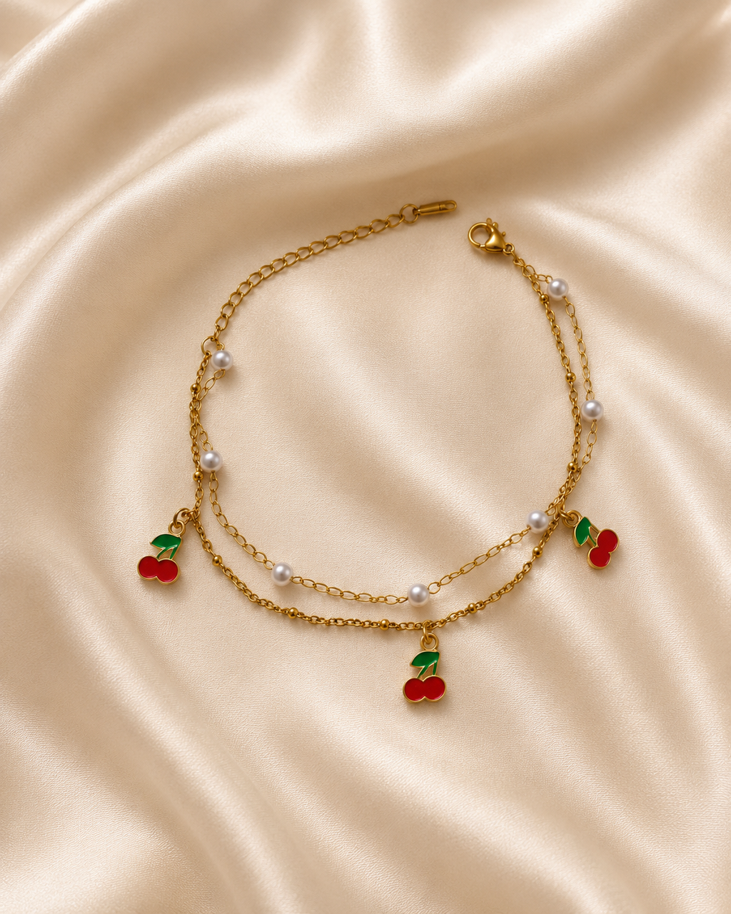 Cherry & Pearl Double-Layer Gold-Plated Bracelet