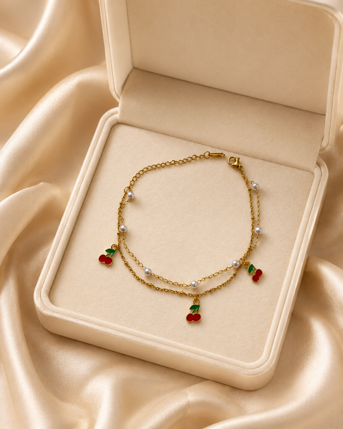 Cherry & Pearl Double-Layer Gold-Plated Bracelet