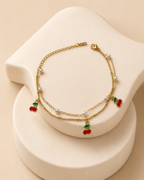 Cherry & Pearl Double-Layer Gold-Plated Bracelet