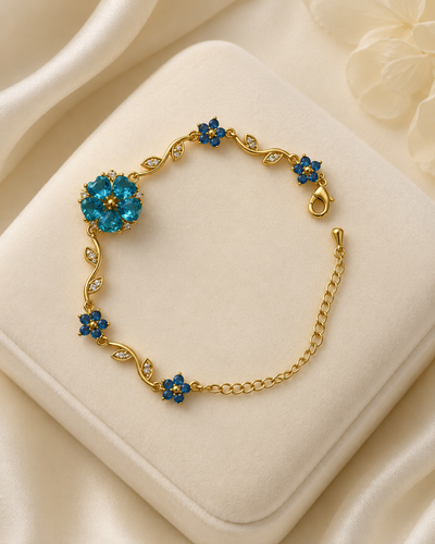 Blue Floral Vine Crystal Gold-Plated Bracelet