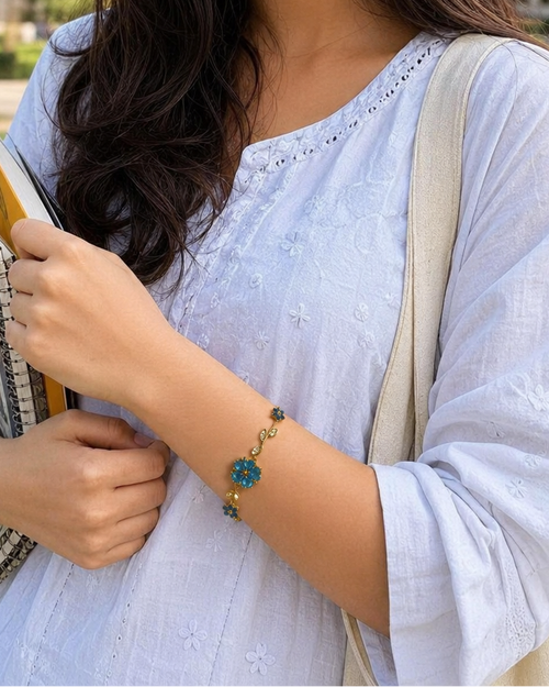 Blue Floral Vine Crystal Gold-Plated Bracelet