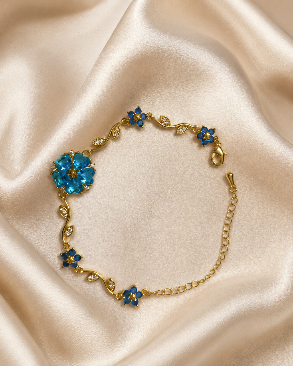Blue Floral Vine Crystal Gold-Plated Bracelet