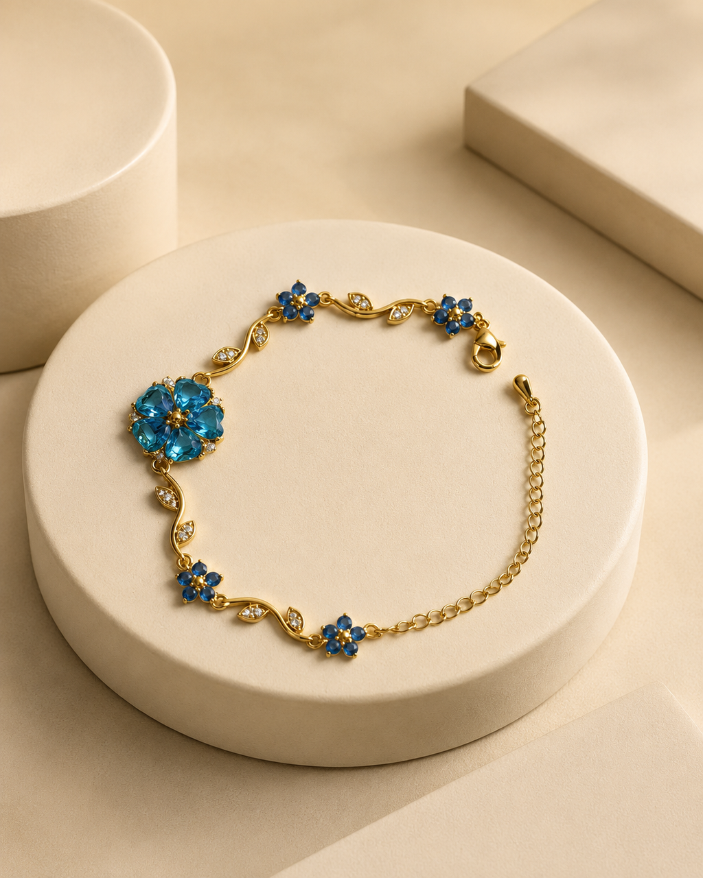 Blue Floral Vine Crystal Gold-Plated Bracelet