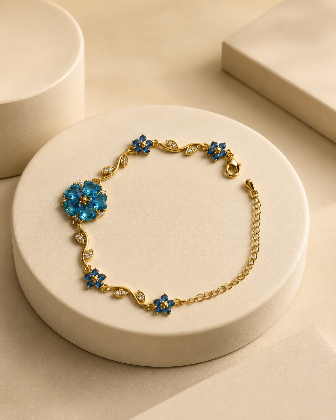 Blue Floral Vine Crystal Gold-Plated Bracelet