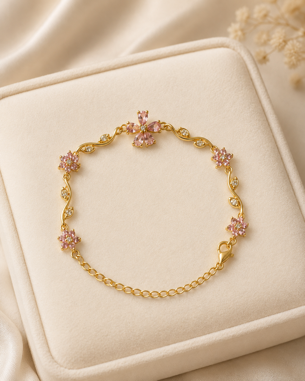 Pink Floral Vine Crystal Gold-Plated Bracelet