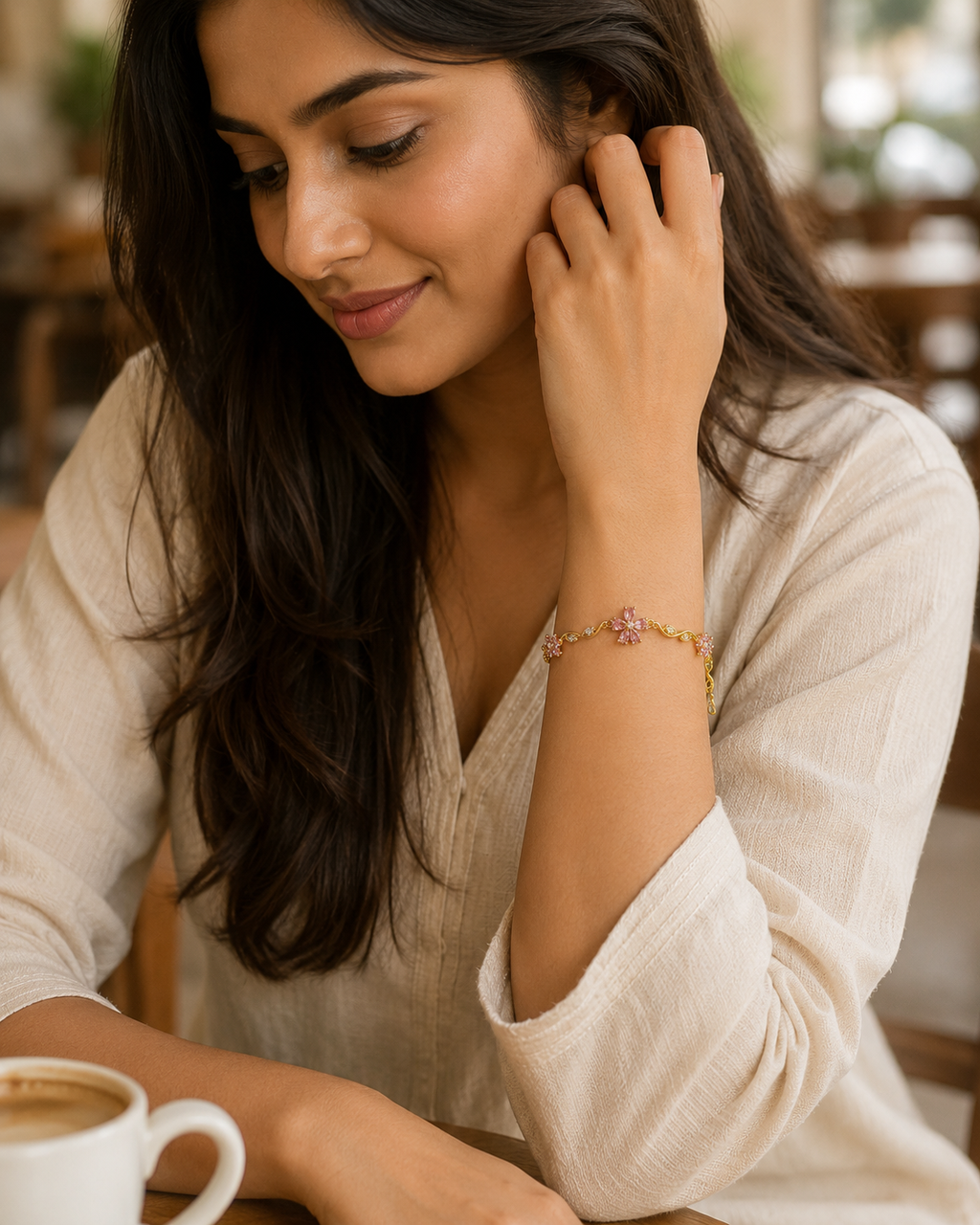 Pink Floral Vine Crystal Gold-Plated Bracelet