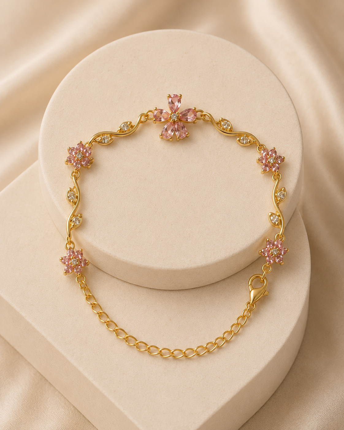Pink Floral Vine Crystal Gold-Plated Bracelet
