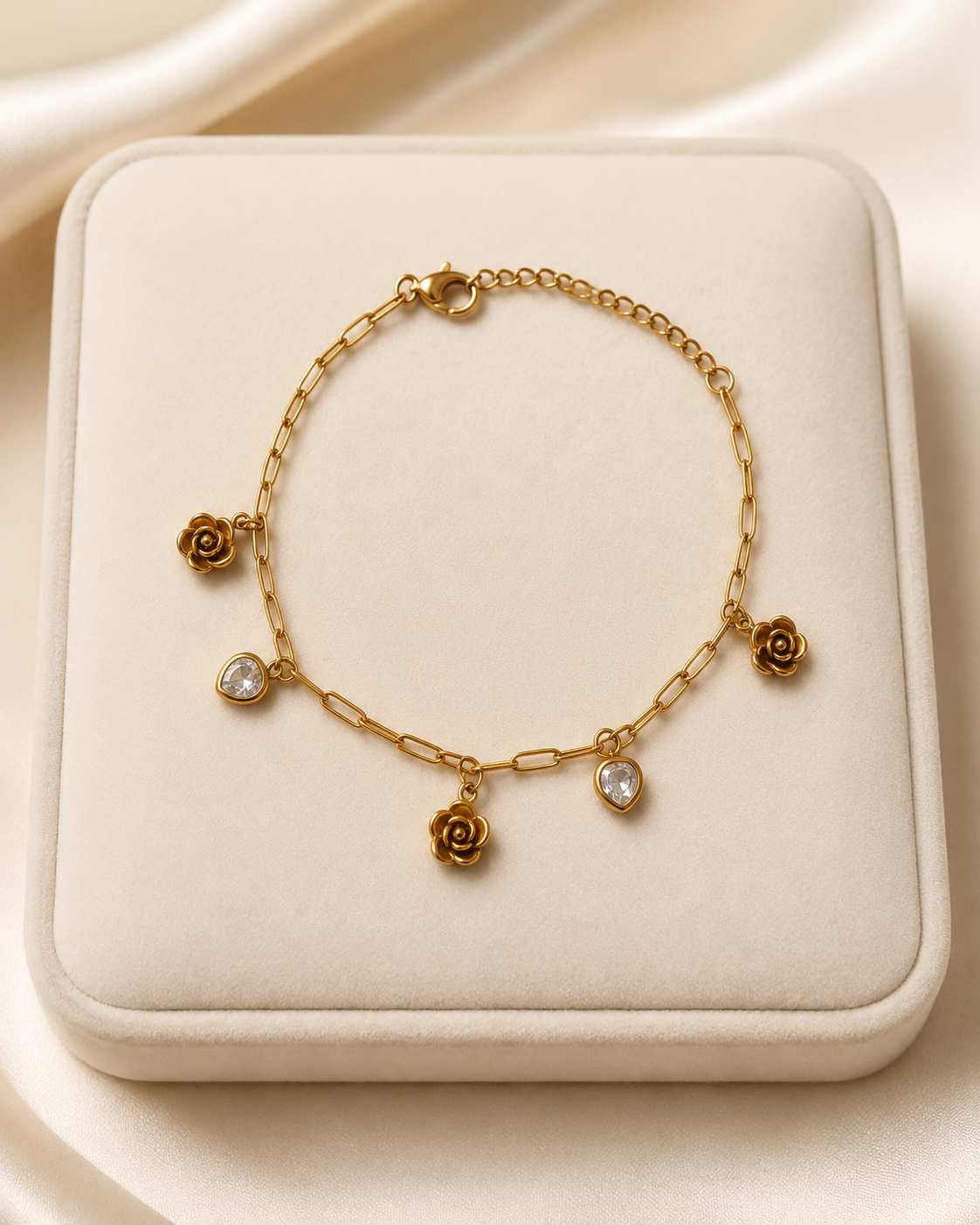 Rose & Crystal Heart Charm Gold-Plated Bracelet