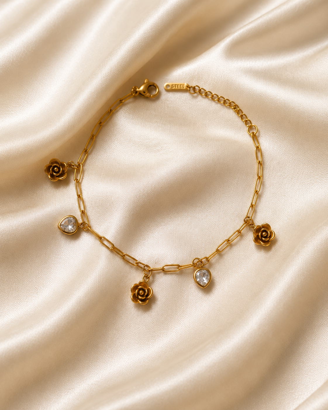 Rose & Crystal Heart Charm Gold-Plated Bracelet
