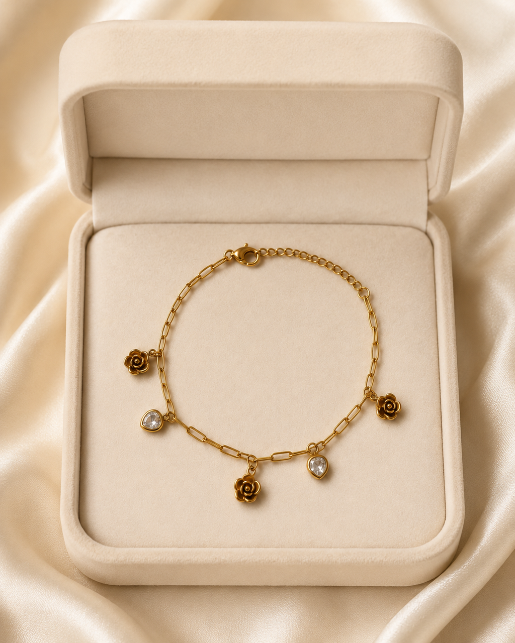 Rose & Crystal Heart Charm Gold-Plated Bracelet