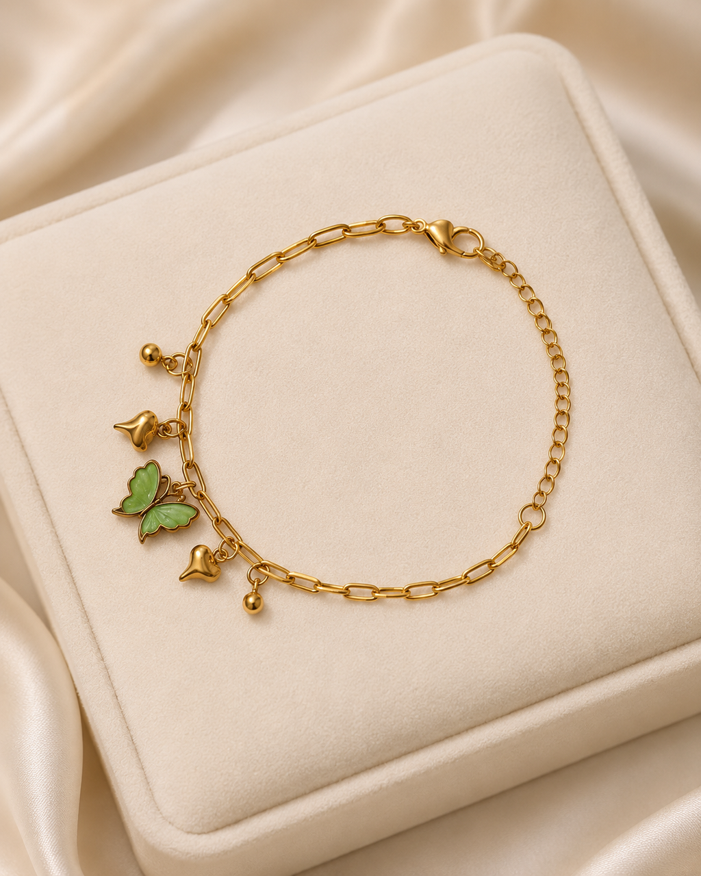Green Butterfly & Heart Charm Gold-Plated Bracelet