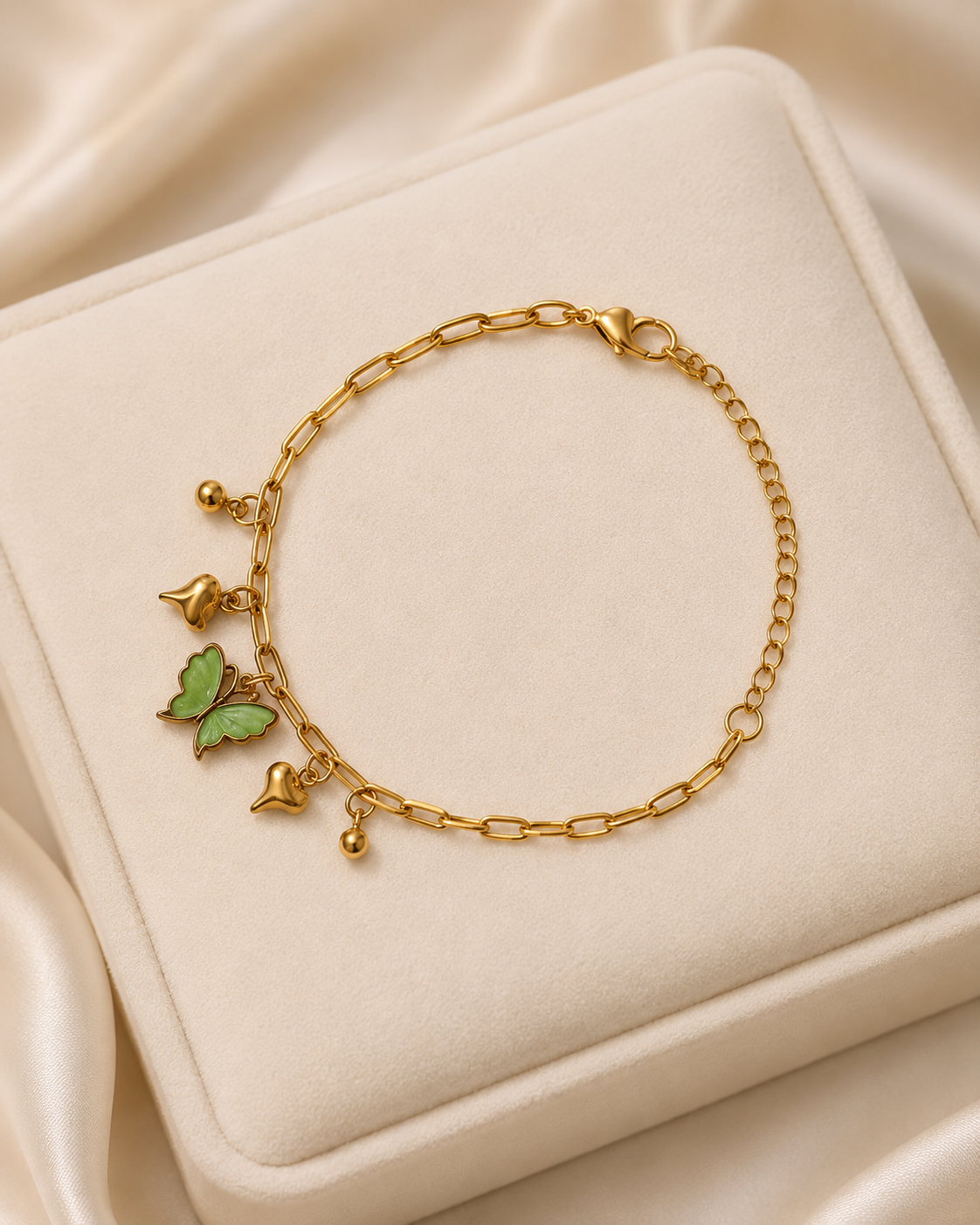 Green Butterfly & Heart Charm Gold-Plated Bracelet