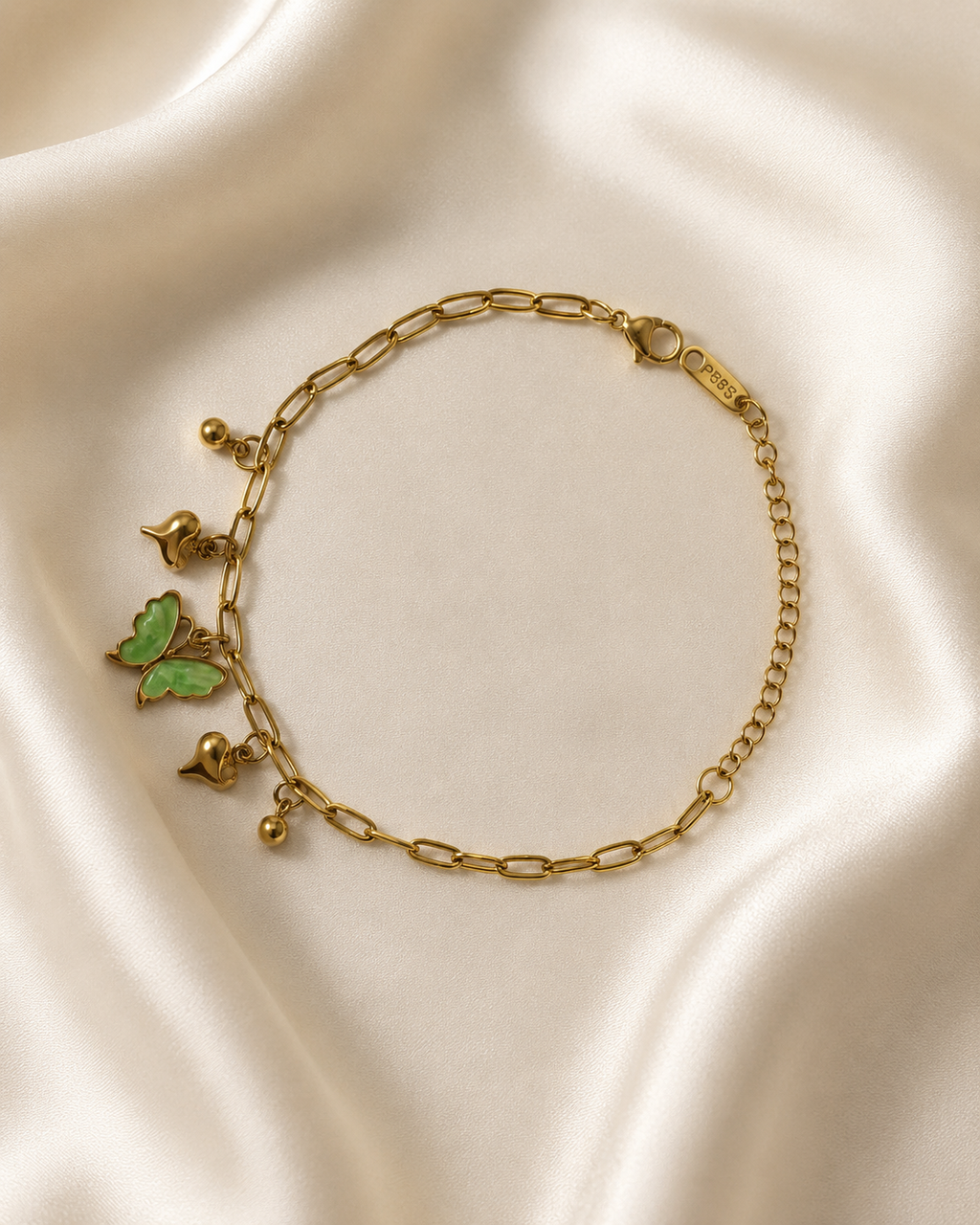 Green Butterfly & Heart Charm Gold-Plated Bracelet
