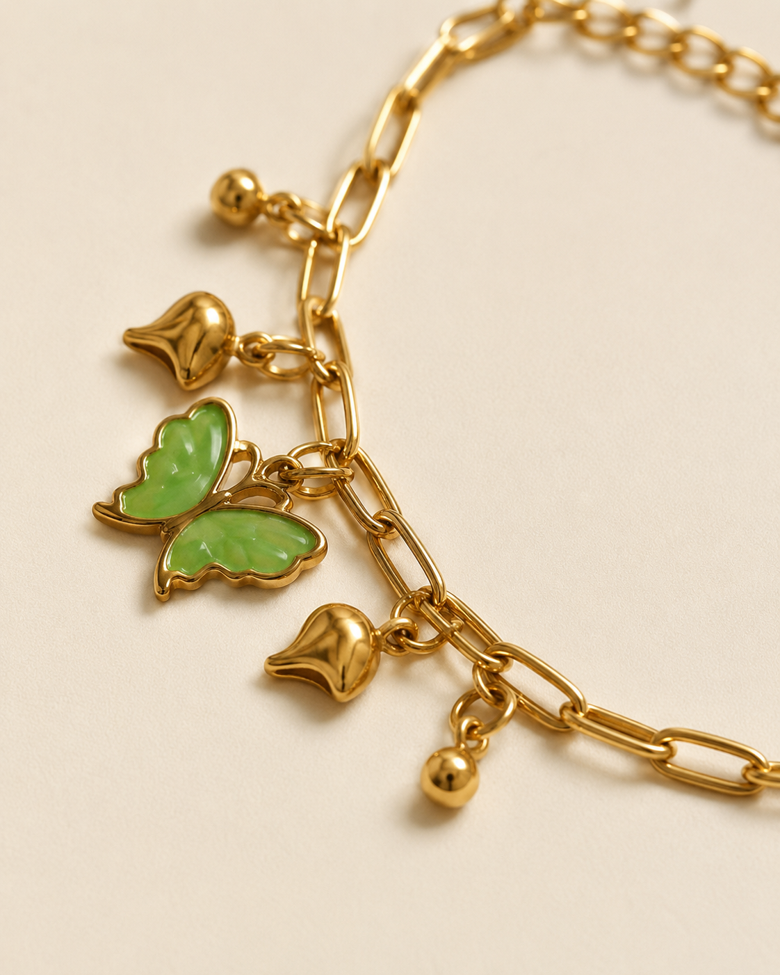 Green Butterfly & Heart Charm Gold-Plated Bracelet