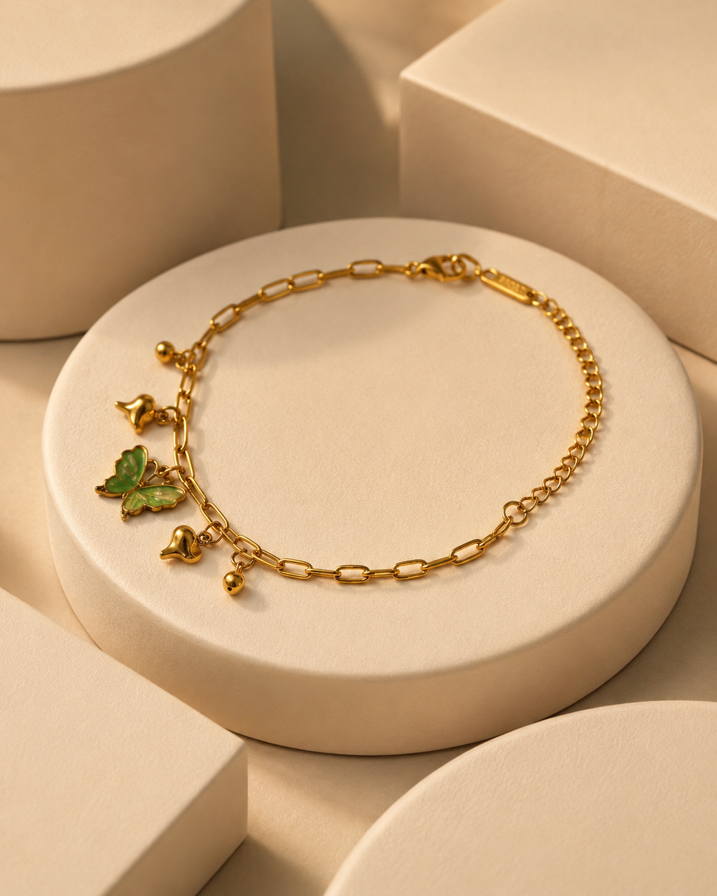 Green Butterfly & Heart Charm Gold-Plated Bracelet