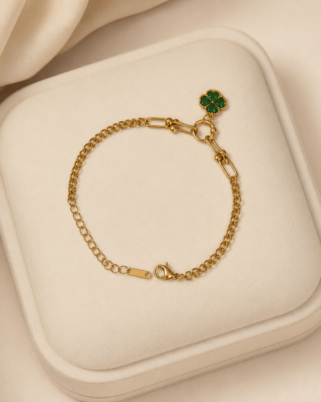 Green Clover Mixed-Link Gold-Plated Bracelet