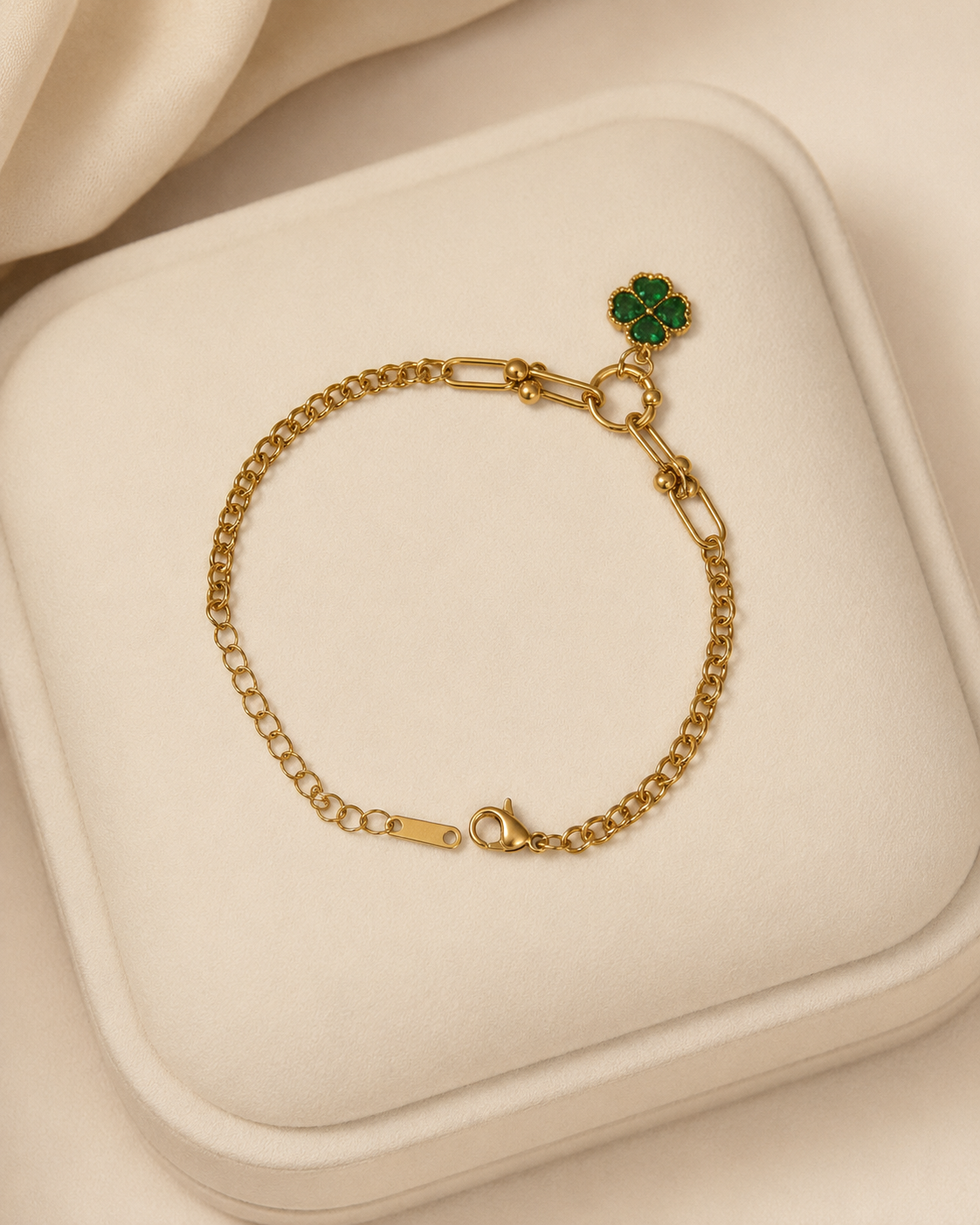 Green Clover Mixed-Link Gold-Plated Bracelet