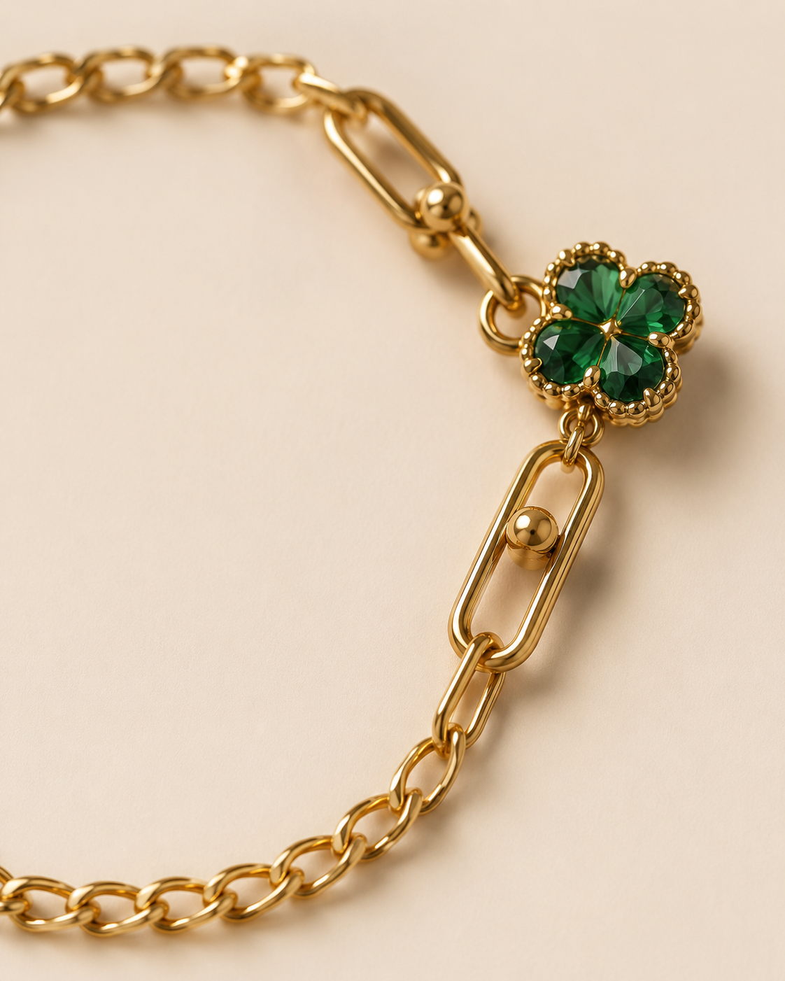 Green Clover Mixed-Link Gold-Plated Bracelet