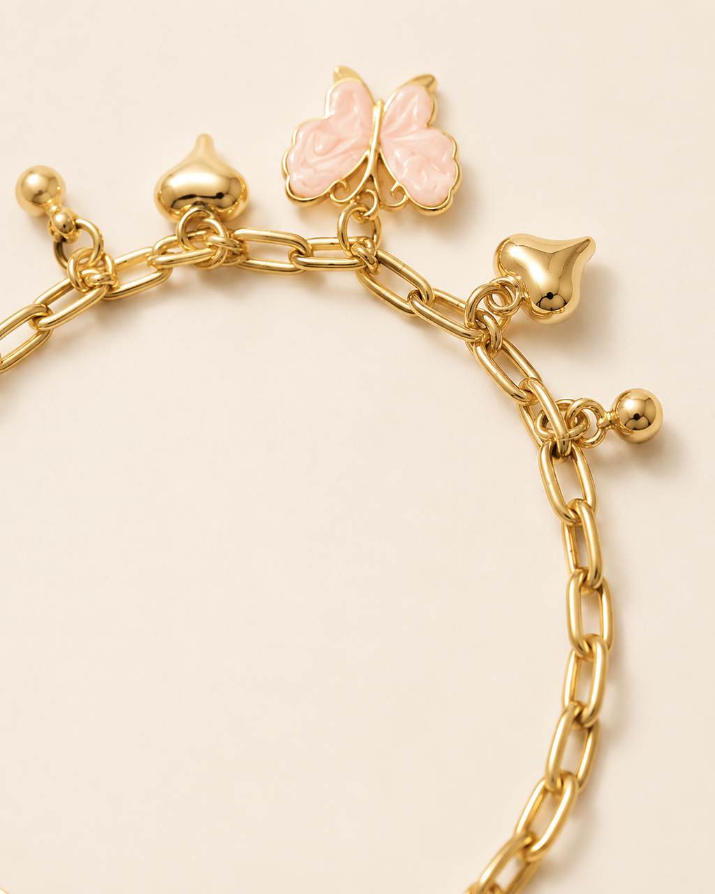 Pink Butterfly & Heart Charm Gold-Plated Bracelet