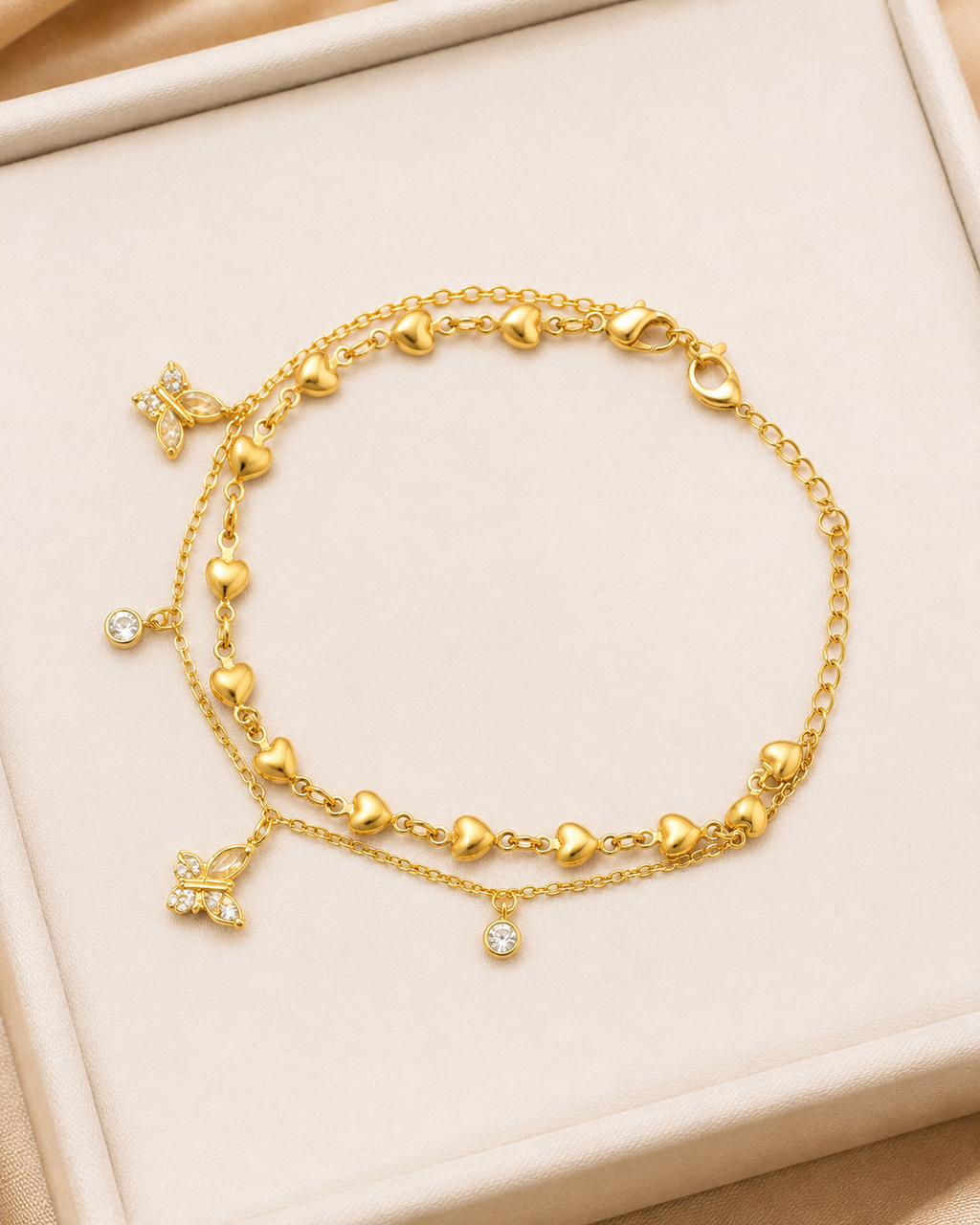Heart & Bee Charm Double-Layer Gold-Plated Bracelet
