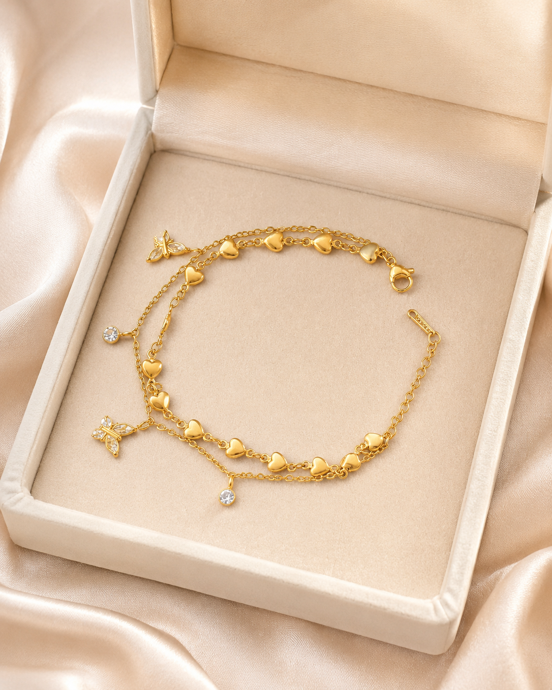 Heart & Bee Charm Double-Layer Gold-Plated Bracelet