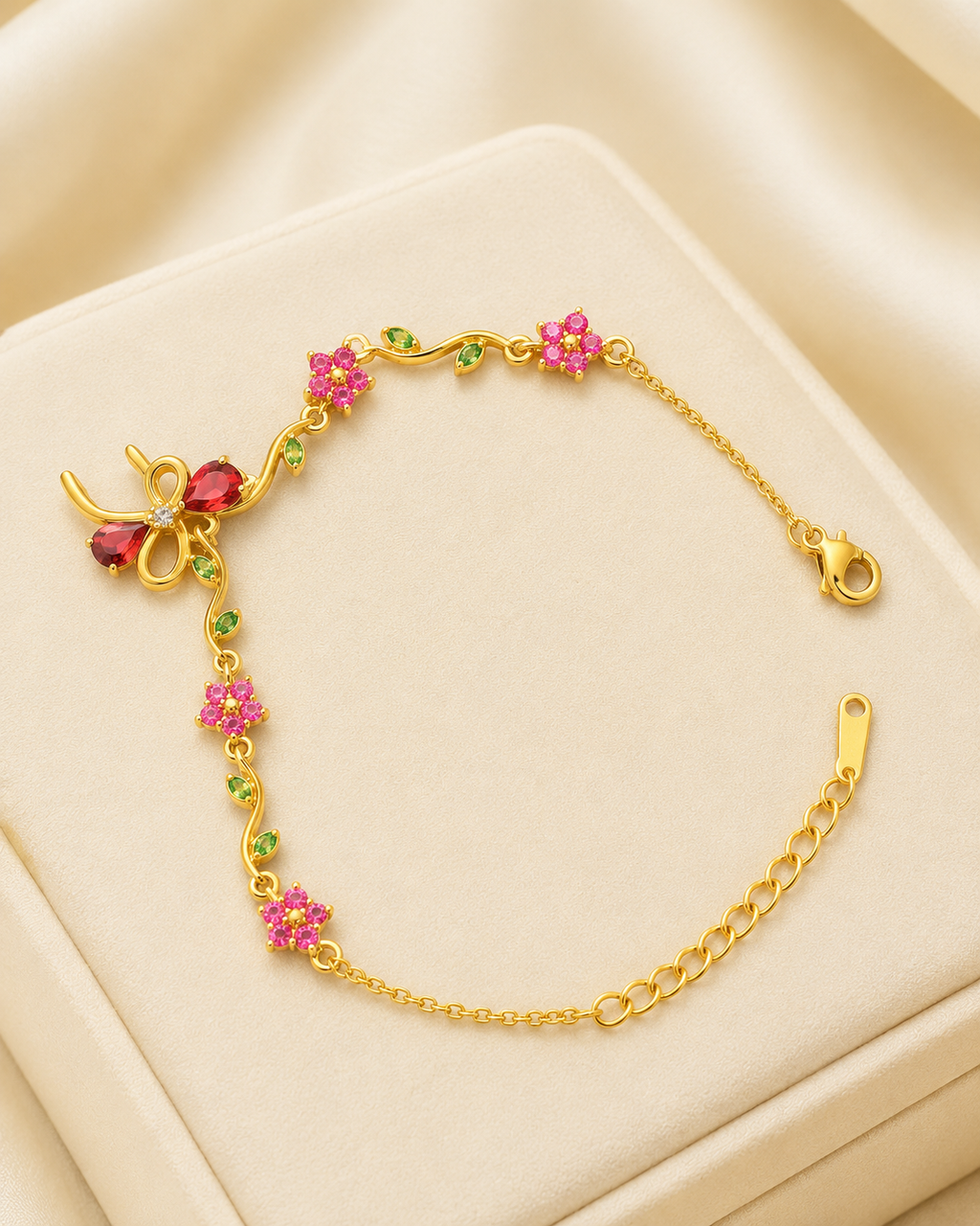 Red Bow & Pink Floral Crystal Gold-Plated Bracelet