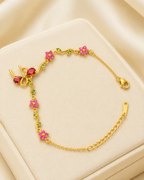 Red Bow & Pink Floral Crystal Gold-Plated Bracelet