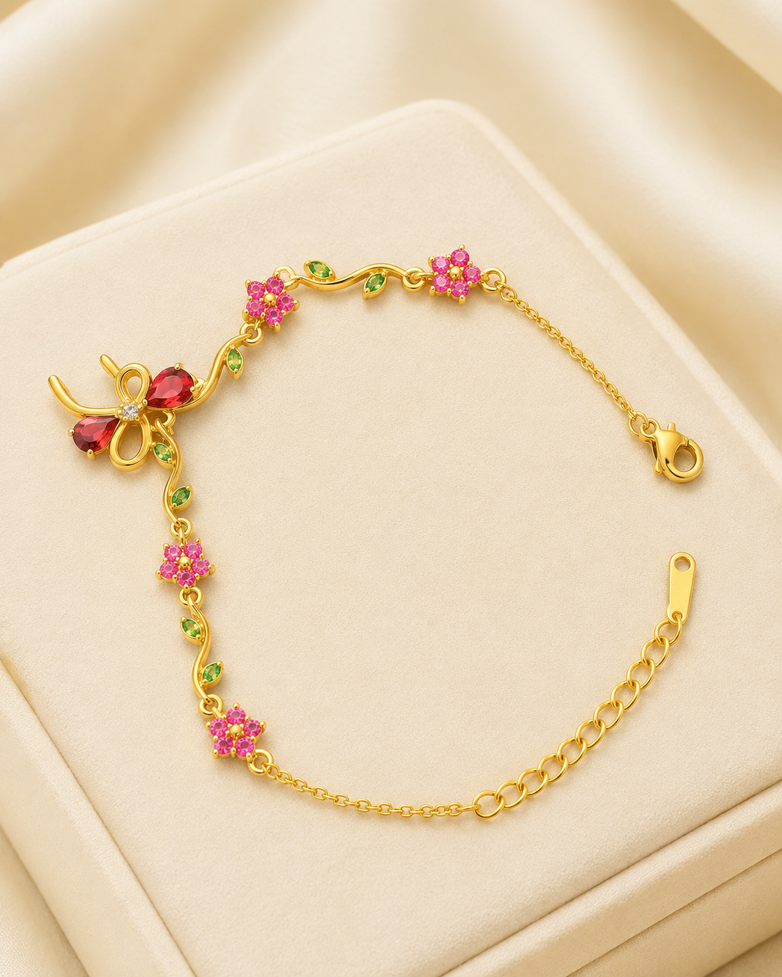 Red Bow & Pink Floral Crystal Gold-Plated Bracelet