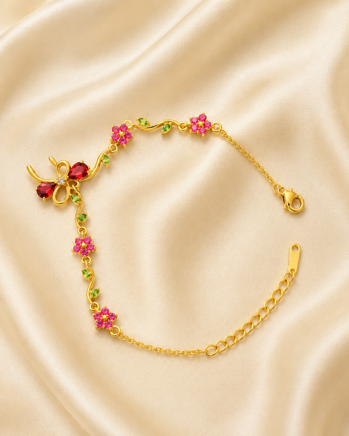 Red Bow & Pink Floral Crystal Gold-Plated Bracelet