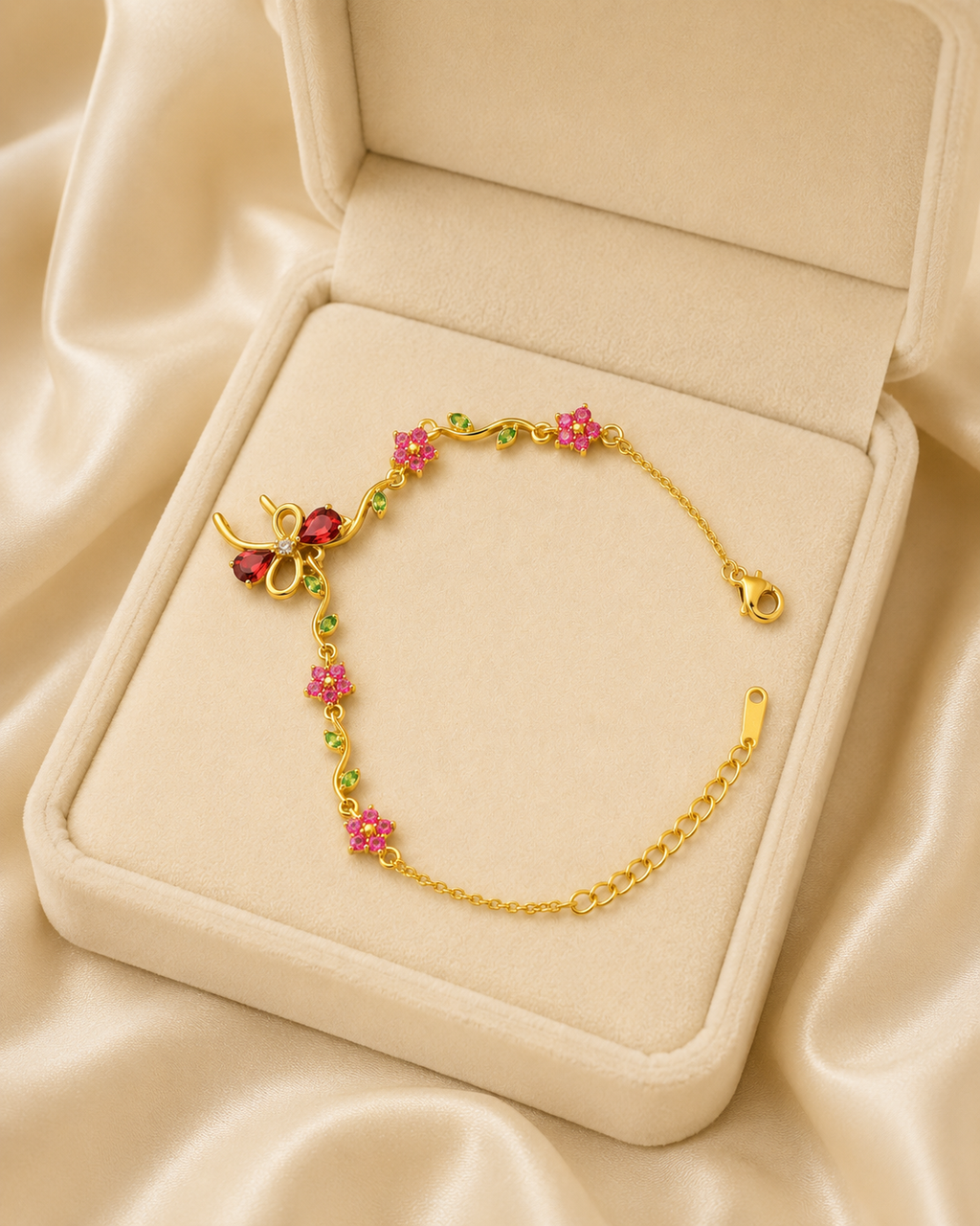 Red Bow & Pink Floral Crystal Gold-Plated Bracelet