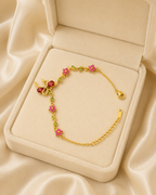 Red Bow & Pink Floral Crystal Gold-Plated Bracelet