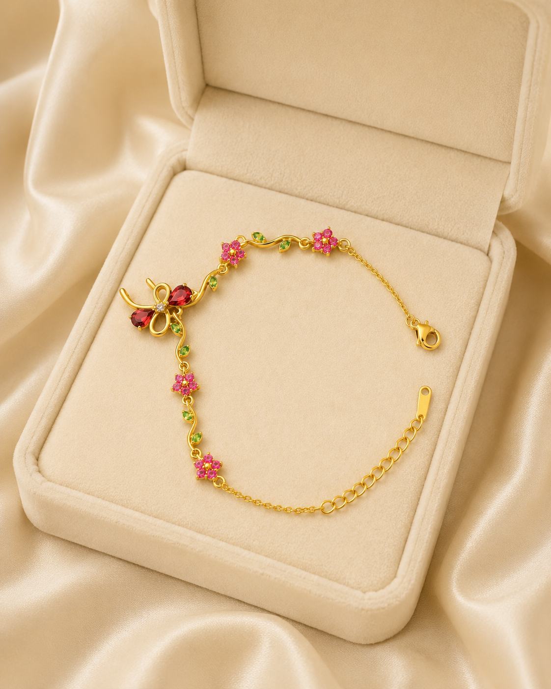 Red Bow & Pink Floral Crystal Gold-Plated Bracelet