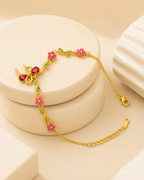 Red Bow & Pink Floral Crystal Gold-Plated Bracelet