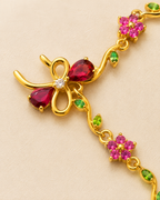 Red Bow & Pink Floral Crystal Gold-Plated Bracelet