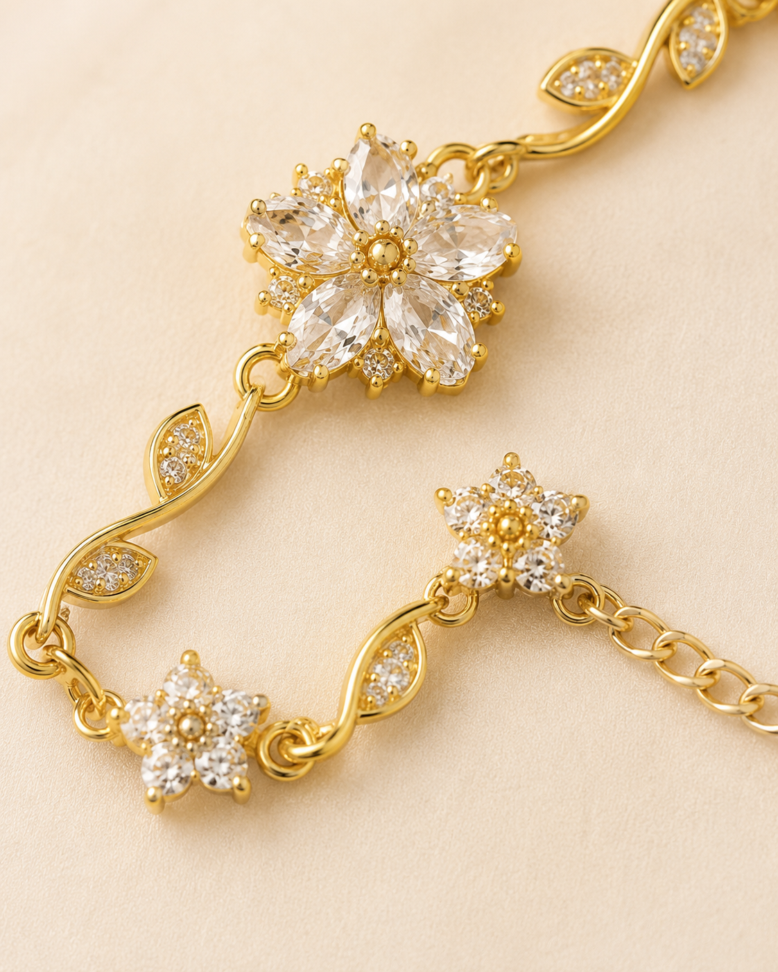 White Floral & Leaf Crystal Gold-Plated Bracelet