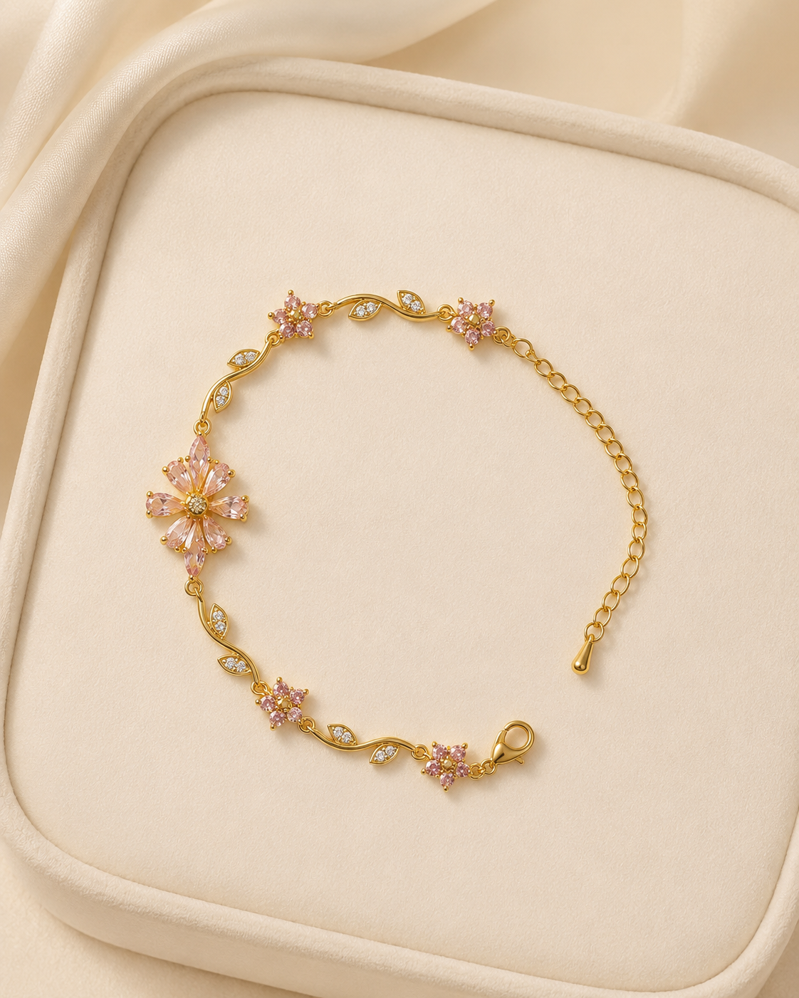 Pink Floral Vine Crystal Gold-Plated Bracelet