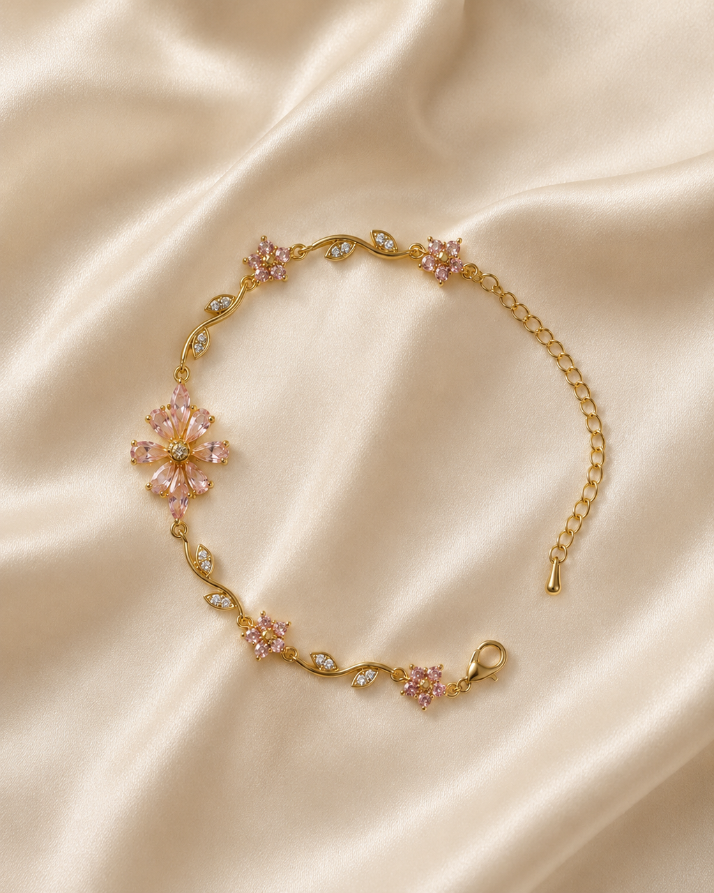 Pink Floral Vine Crystal Gold-Plated Bracelet