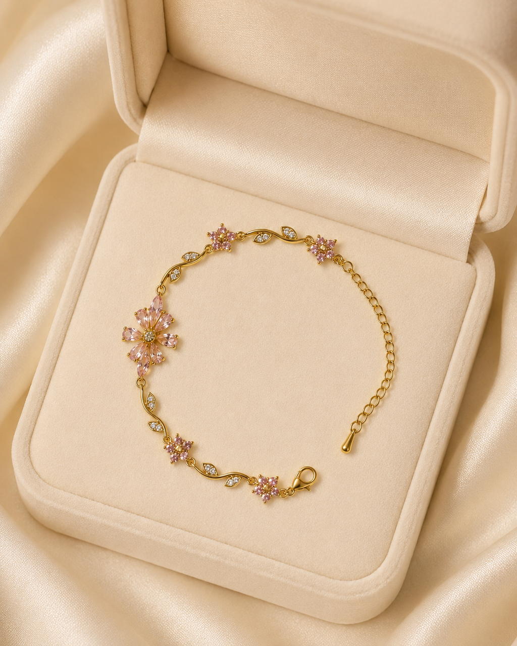 Pink Floral Vine Crystal Gold-Plated Bracelet