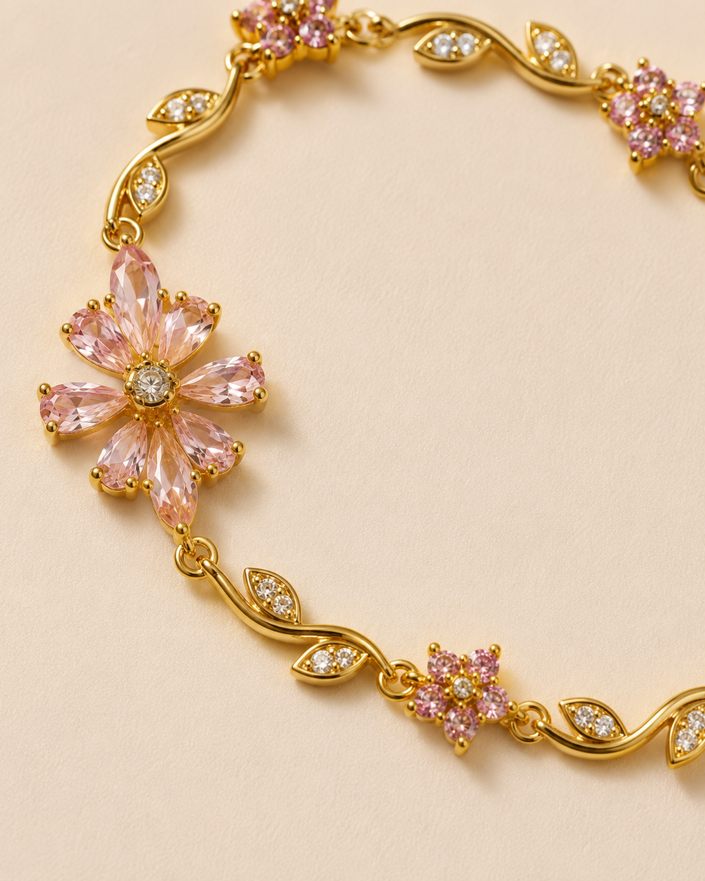 Pink Floral Vine Crystal Gold-Plated Bracelet