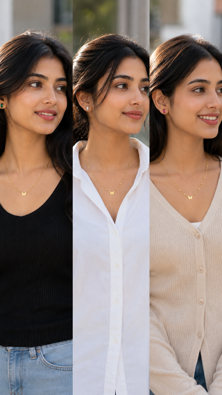 Delicate Gold-Tone Butterfly Charm Beaded Chain Necklace for Women