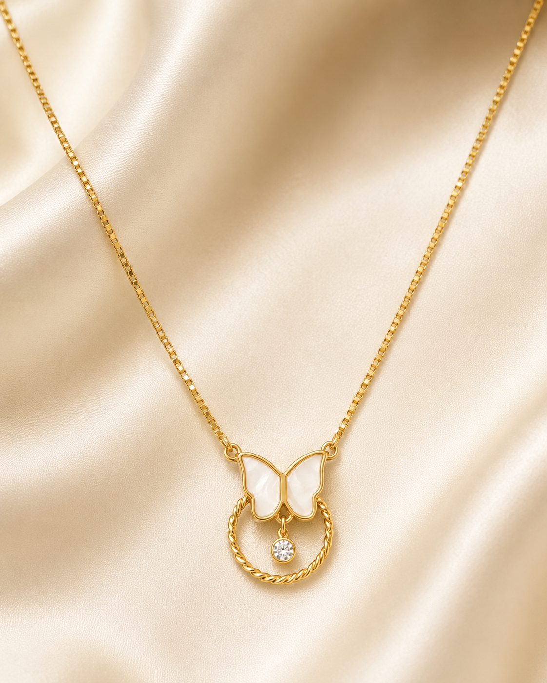 Elegant Gold-Tone White Butterfly Circular Pendant Necklace for Women