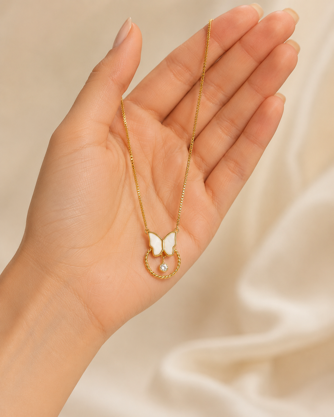 Elegant Gold-Tone White Butterfly Circular Pendant Necklace for Women