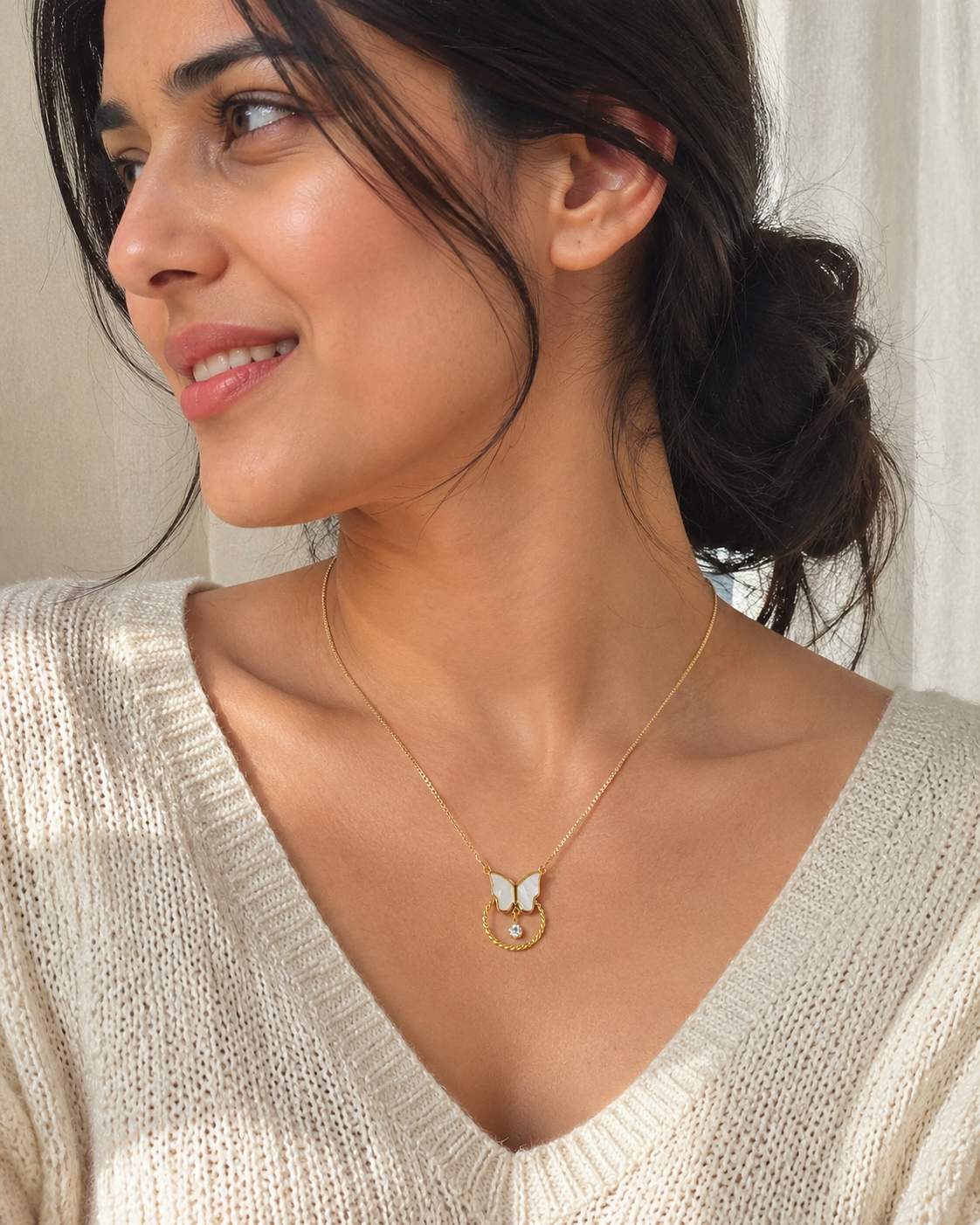 Elegant Gold-Tone White Butterfly Circular Pendant Necklace for Women