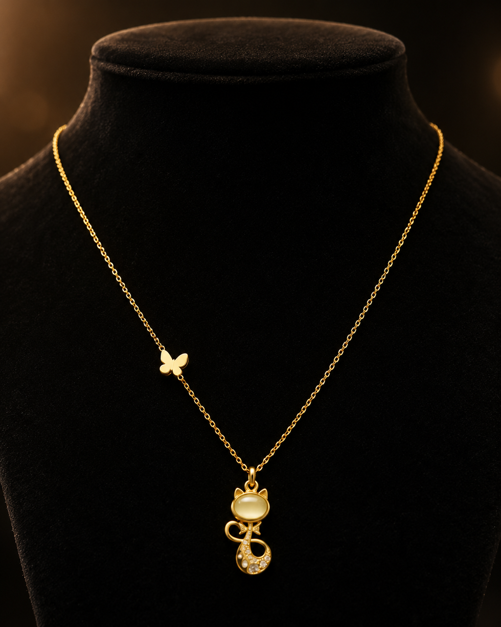 Gold-Tone Crystal Cat Pendant Necklace with Butterfly Charm for Women