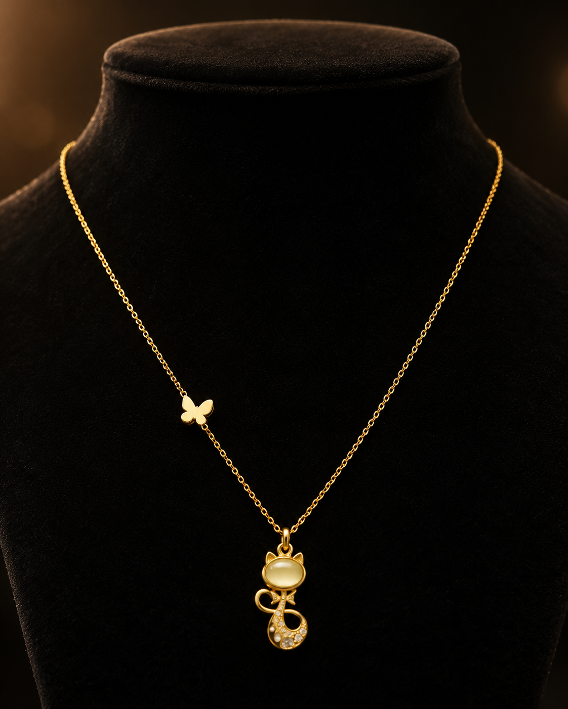 Gold-Tone Crystal Cat Pendant Necklace with Butterfly Charm for Women